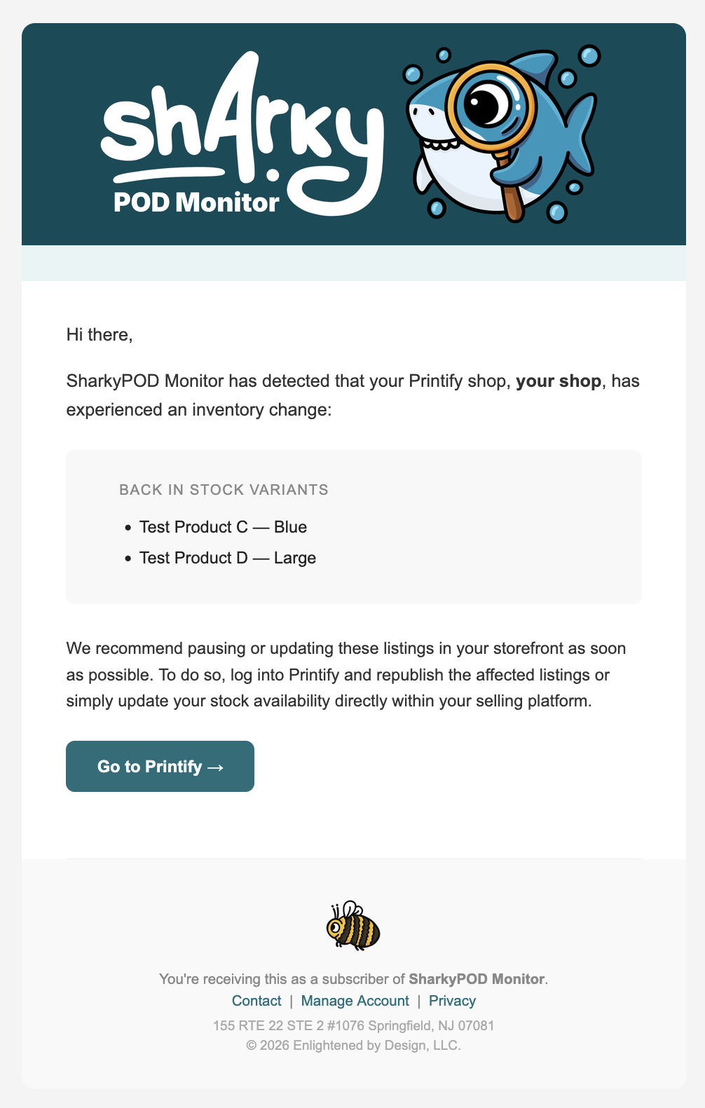 Example Back in Stock alert email from SharkyPOD Monitor