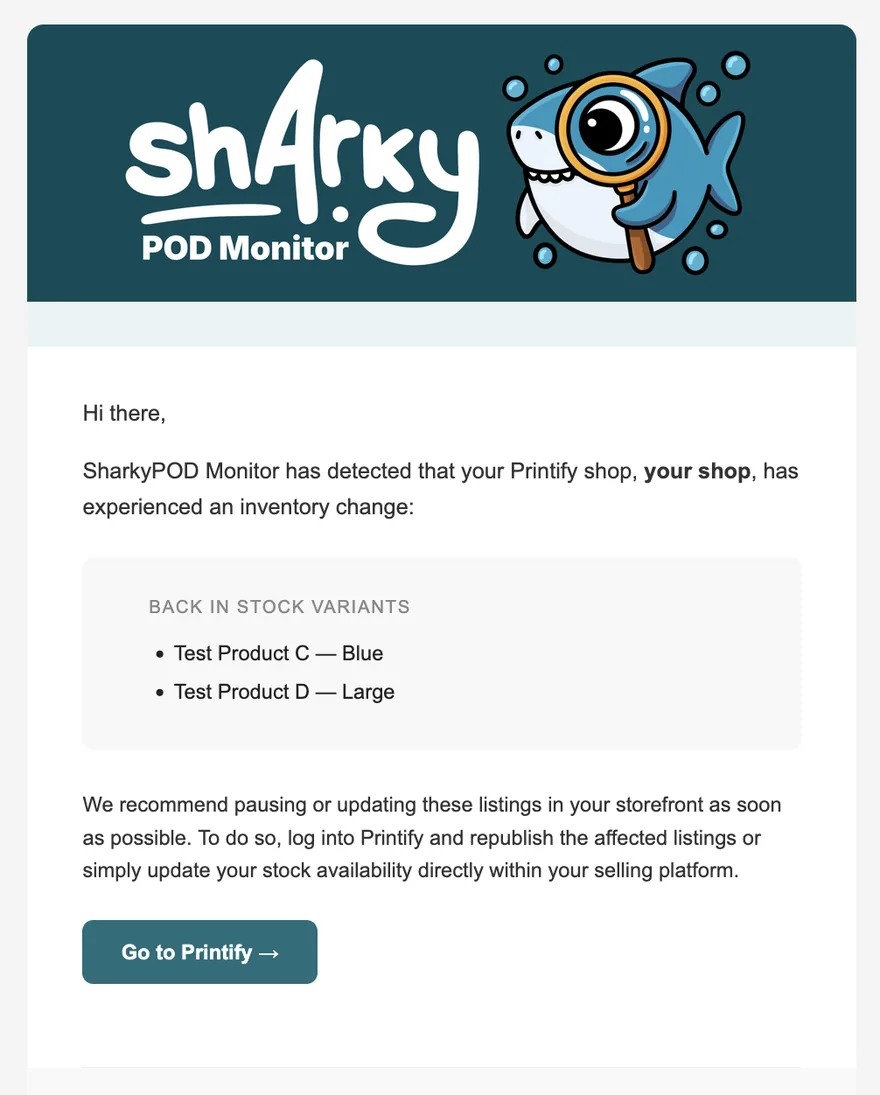 Example Back in Stock alert email from SharkyPOD Monitor