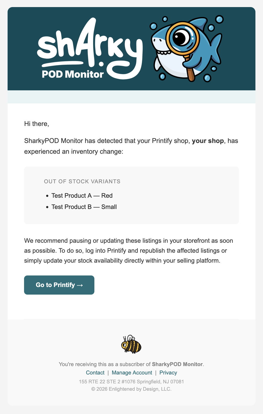 Example Out of Stock alert email from SharkyPOD Monitor